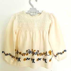 Zara baby off white Floral embroidered long sleeve shirt